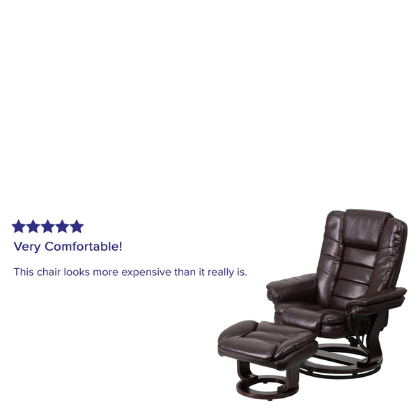 Brown |#| Brown LeatherSoft Multi-Position Recliner &Ottoman w/Swivel Mahogany Wood Base