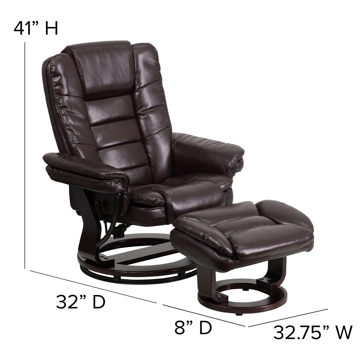 Brown |#| Brown LeatherSoft Multi-Position Recliner &Ottoman w/Swivel Mahogany Wood Base