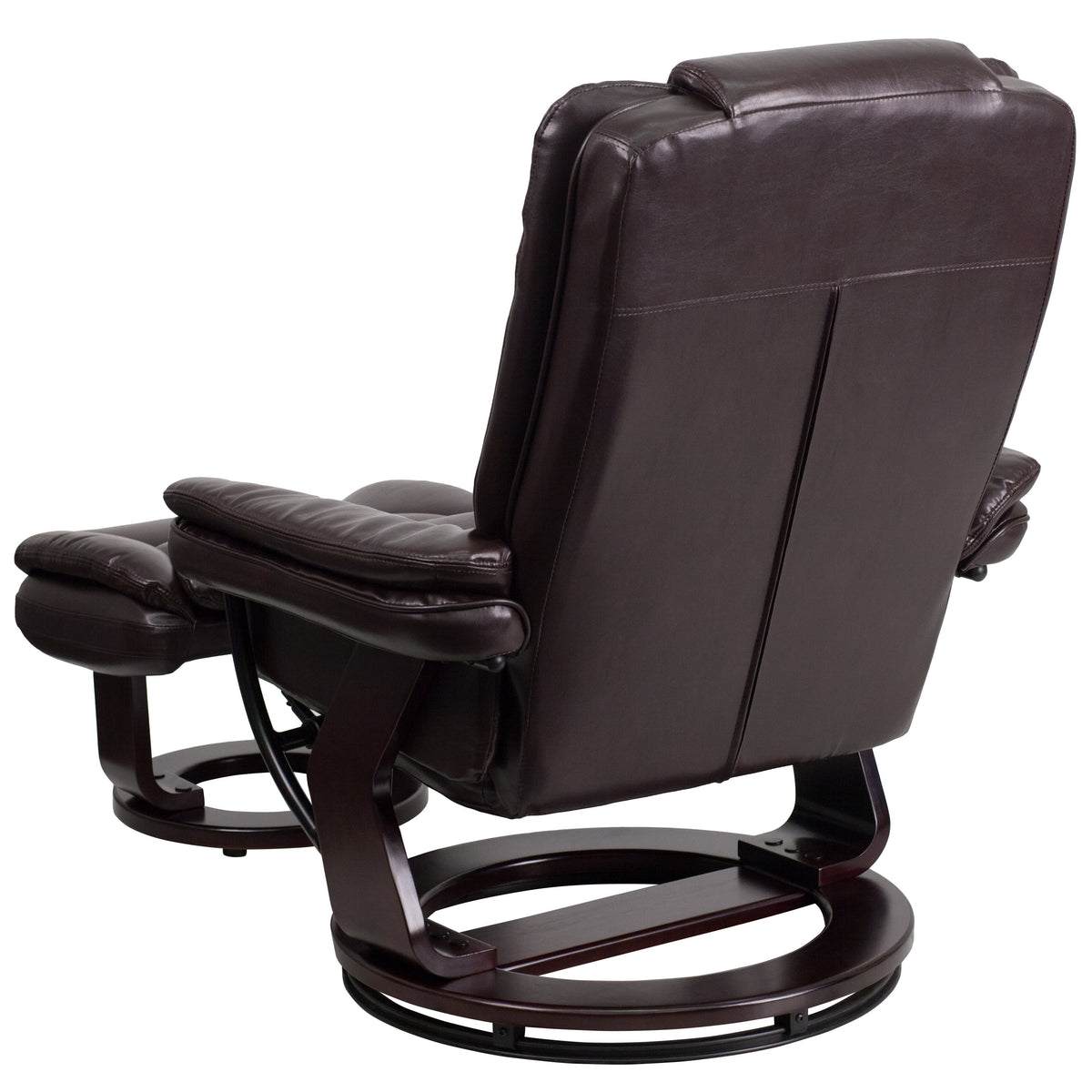Brown |#| Brown LeatherSoft Multi-Position Recliner &Ottoman w/Swivel Mahogany Wood Base