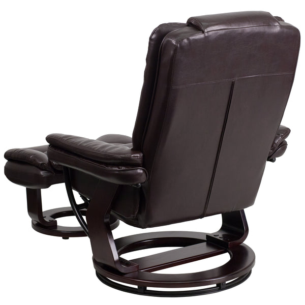 Brown |#| Brown LeatherSoft Multi-Position Recliner &Ottoman w/Swivel Mahogany Wood Base