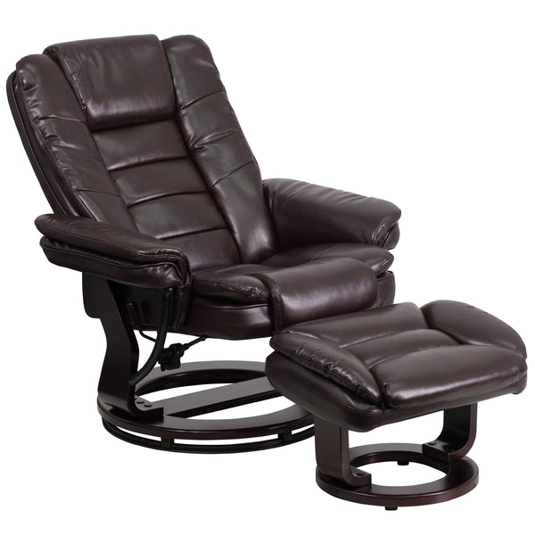 Brown |#| Brown LeatherSoft Multi-Position Recliner &Ottoman w/Swivel Mahogany Wood Base