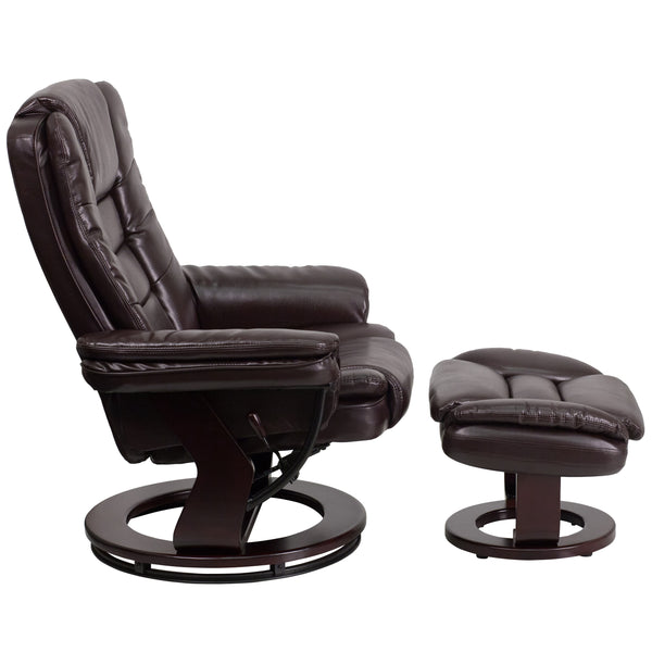 Brown |#| Brown LeatherSoft Multi-Position Recliner &Ottoman w/Swivel Mahogany Wood Base
