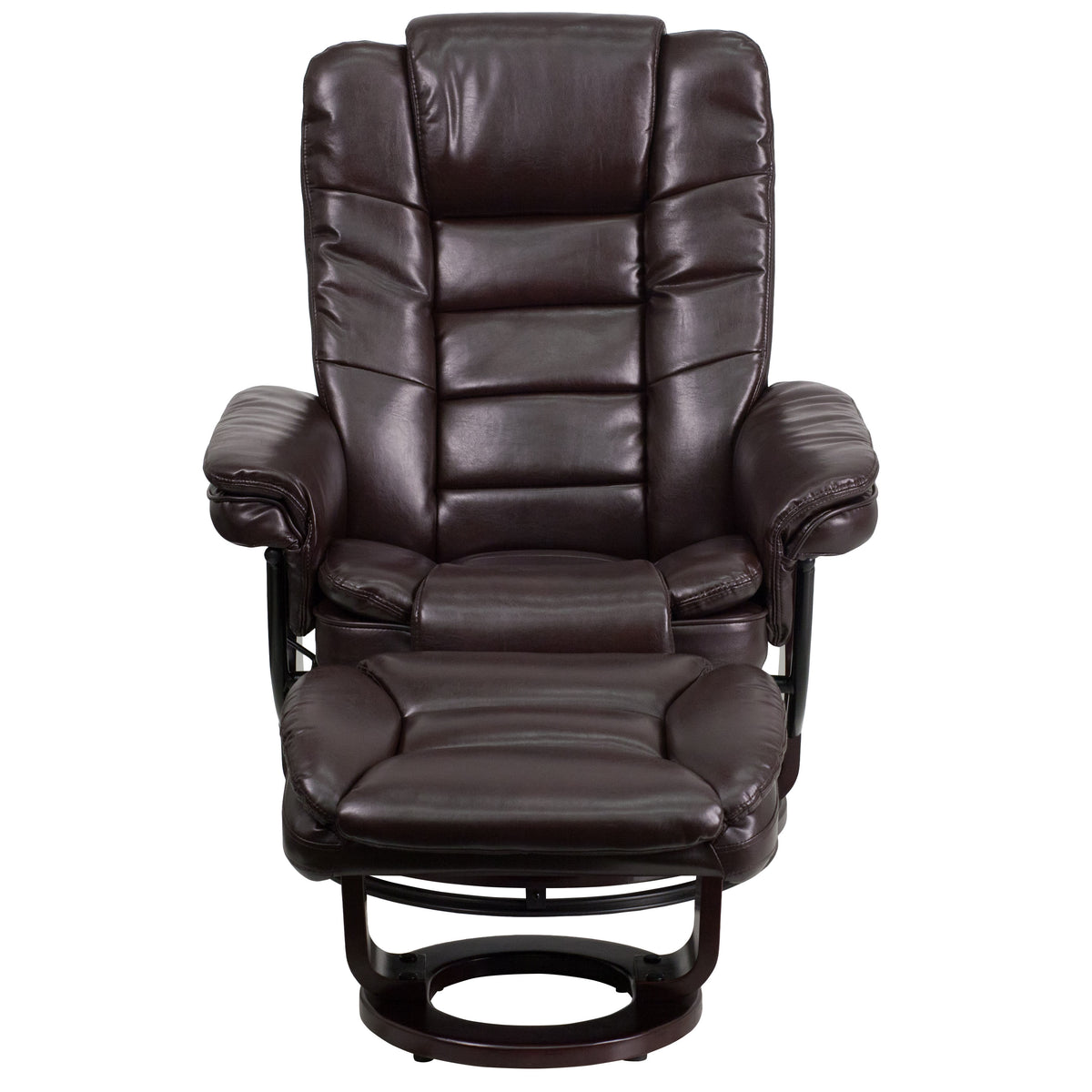 Brown |#| Brown LeatherSoft Multi-Position Recliner &Ottoman w/Swivel Mahogany Wood Base