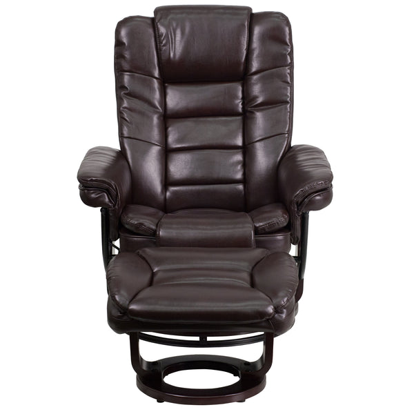Brown |#| Brown LeatherSoft Multi-Position Recliner &Ottoman w/Swivel Mahogany Wood Base