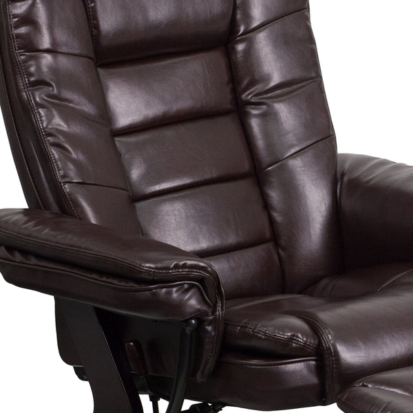 Brown |#| Brown LeatherSoft Multi-Position Recliner &Ottoman w/Swivel Mahogany Wood Base
