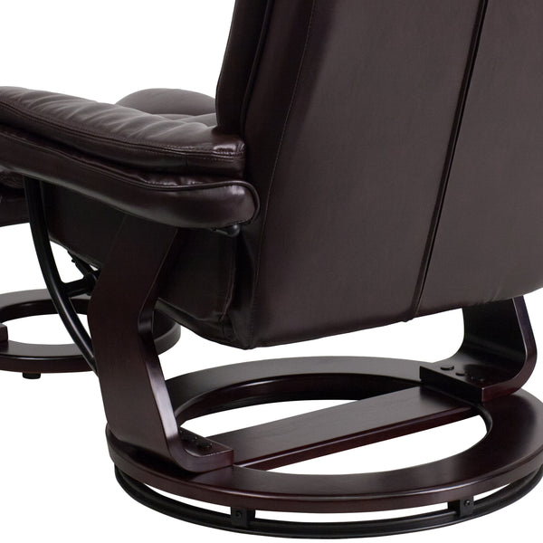 Brown |#| Brown LeatherSoft Multi-Position Recliner &Ottoman w/Swivel Mahogany Wood Base