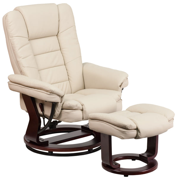 Beige |#| Beige LeatherSoft Multi-Position Recliner &Ottoman w/Swivel Mahogany Wood Base