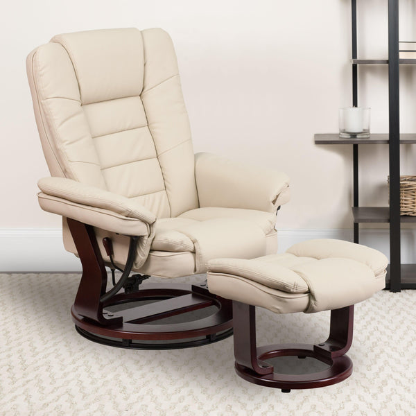 Beige |#| Beige LeatherSoft Multi-Position Recliner &Ottoman w/Swivel Mahogany Wood Base