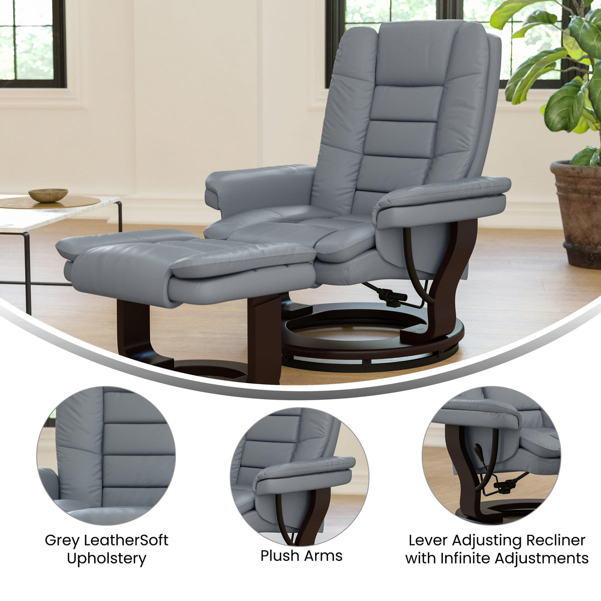 Gray |#| Gray LeatherSoft Multi-Position Recliner &Ottoman w/Swivel Mahogany Wood Base
