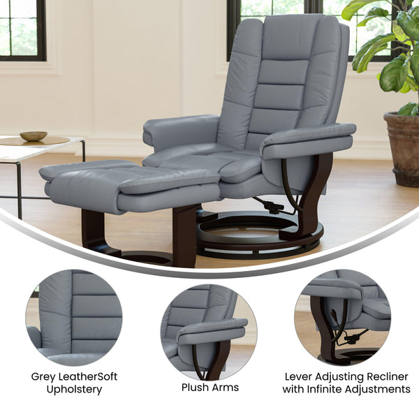 Gray |#| Gray LeatherSoft Multi-Position Recliner &Ottoman w/Swivel Mahogany Wood Base