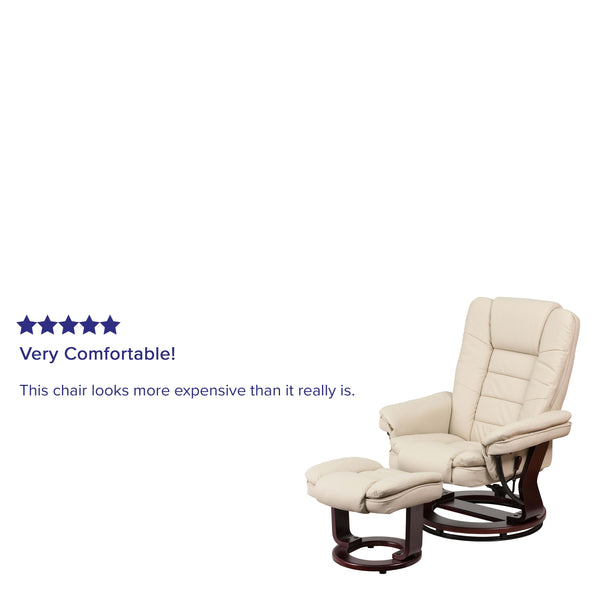 Beige |#| Beige LeatherSoft Multi-Position Recliner &Ottoman w/Swivel Mahogany Wood Base