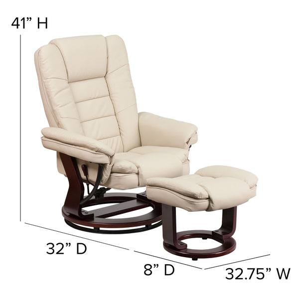 Beige |#| Beige LeatherSoft Multi-Position Recliner &Ottoman w/Swivel Mahogany Wood Base
