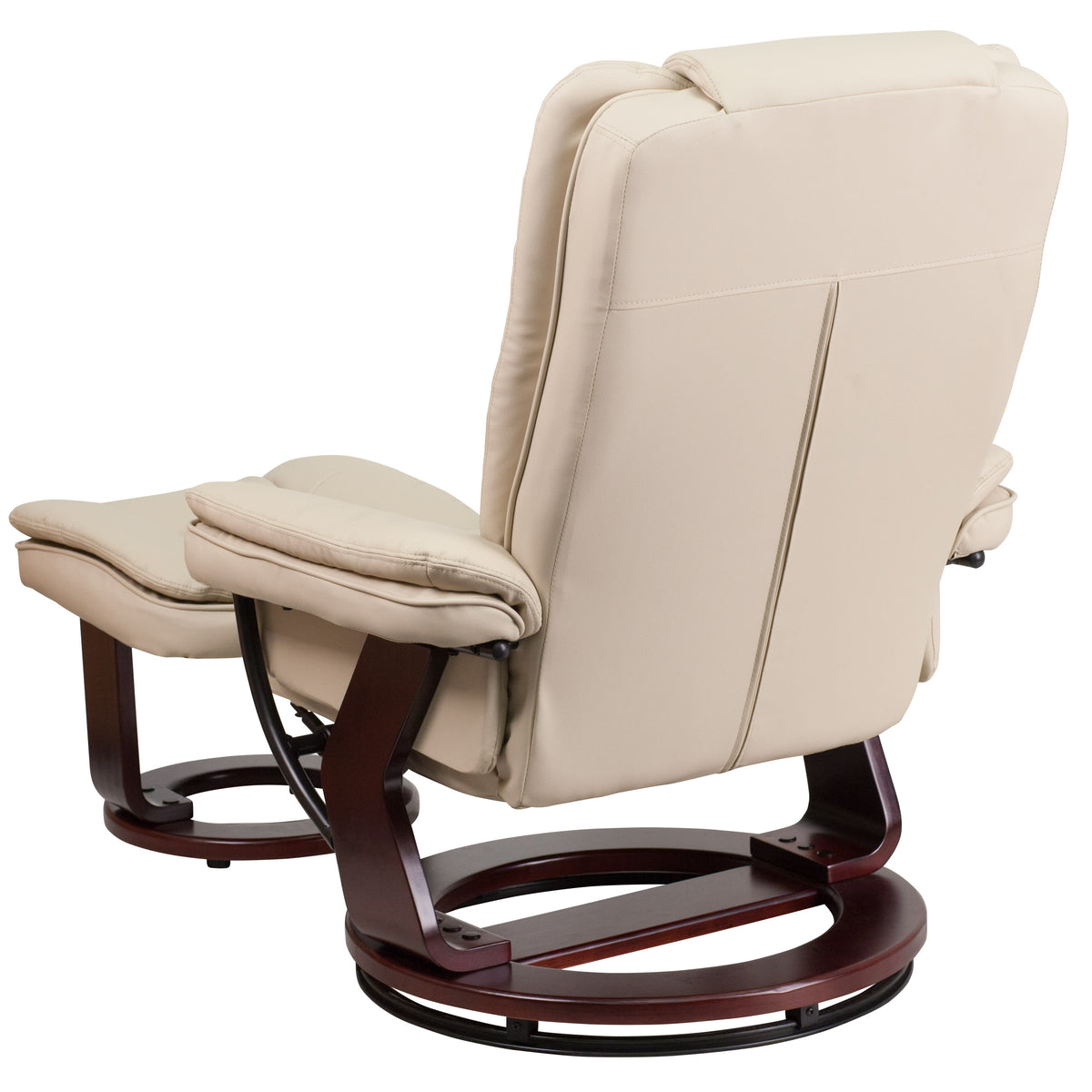 Beige |#| Beige LeatherSoft Multi-Position Recliner &Ottoman w/Swivel Mahogany Wood Base