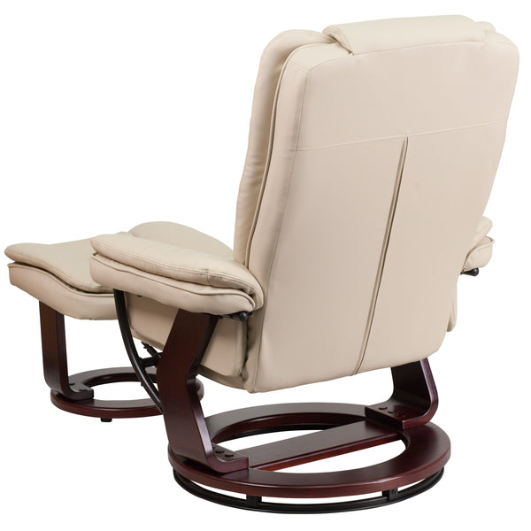 Beige |#| Beige LeatherSoft Multi-Position Recliner &Ottoman w/Swivel Mahogany Wood Base