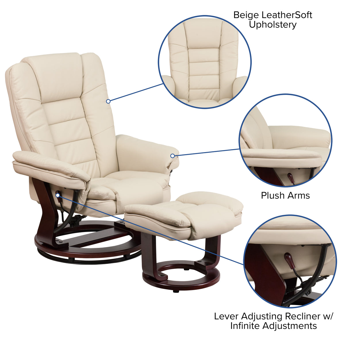 Beige |#| Beige LeatherSoft Multi-Position Recliner &Ottoman w/Swivel Mahogany Wood Base