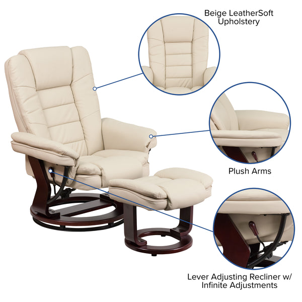 Beige |#| Beige LeatherSoft Multi-Position Recliner &Ottoman w/Swivel Mahogany Wood Base