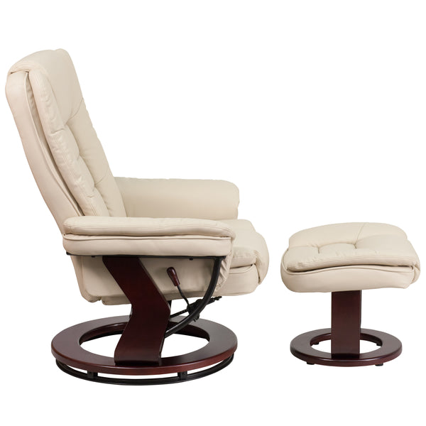 Beige |#| Beige LeatherSoft Multi-Position Recliner &Ottoman w/Swivel Mahogany Wood Base
