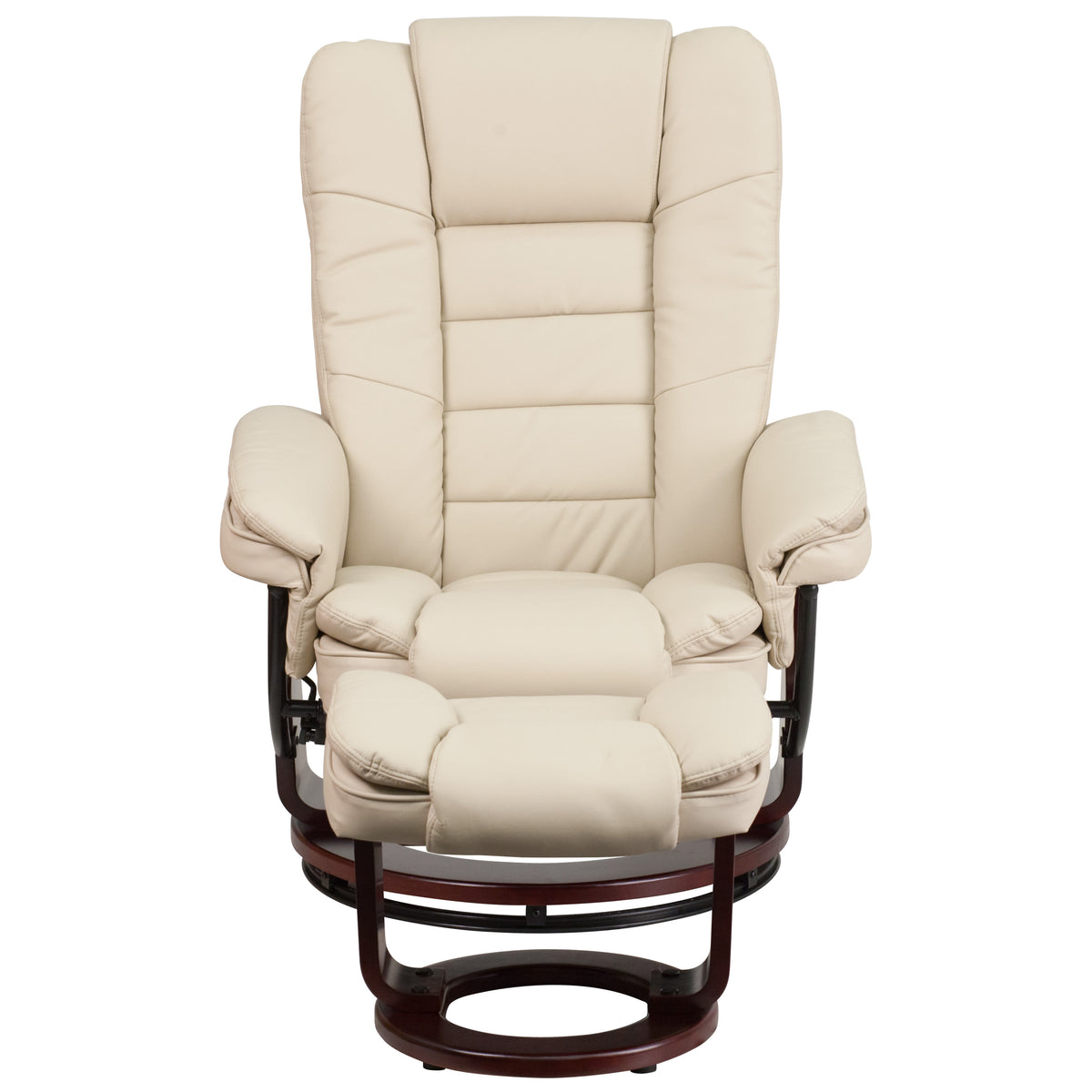 Beige |#| Beige LeatherSoft Multi-Position Recliner &Ottoman w/Swivel Mahogany Wood Base
