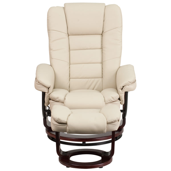 Beige |#| Beige LeatherSoft Multi-Position Recliner &Ottoman w/Swivel Mahogany Wood Base