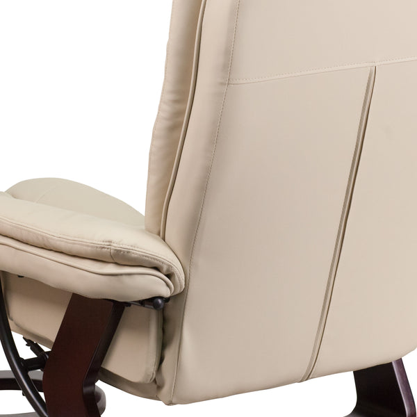 Beige |#| Beige LeatherSoft Multi-Position Recliner &Ottoman w/Swivel Mahogany Wood Base