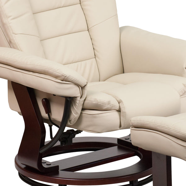 Beige |#| Beige LeatherSoft Multi-Position Recliner &Ottoman w/Swivel Mahogany Wood Base