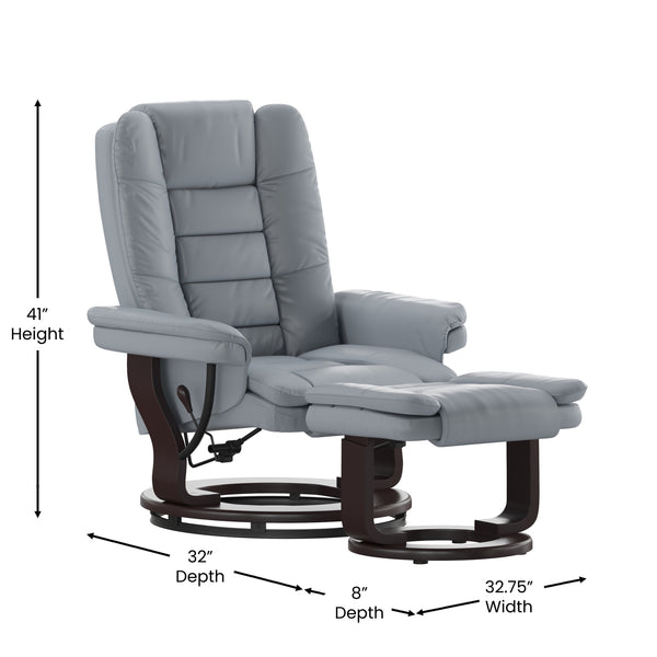 Gray |#| Gray LeatherSoft Multi-Position Recliner &Ottoman w/Swivel Mahogany Wood Base