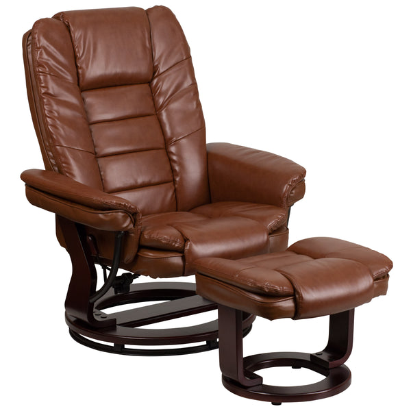 Brown Vintage |#| Brown Vintage LeatherSoft Multi-Position Recliner &Ottoman w/Mahogany Wood Base