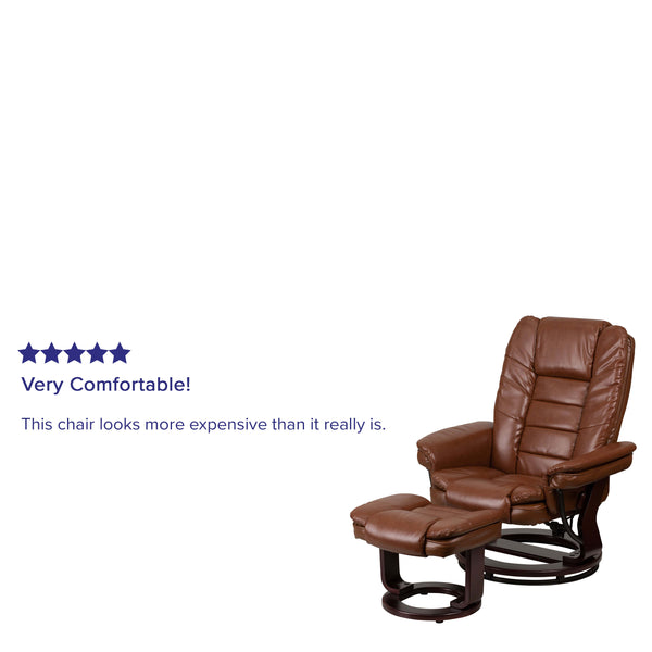 Brown Vintage |#| Brown Vintage LeatherSoft Multi-Position Recliner &Ottoman w/Mahogany Wood Base