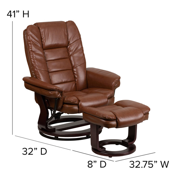Brown Vintage |#| Brown Vintage LeatherSoft Multi-Position Recliner &Ottoman w/Mahogany Wood Base