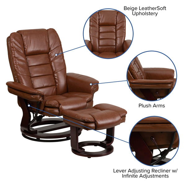 Brown Vintage |#| Brown Vintage LeatherSoft Multi-Position Recliner &Ottoman w/Mahogany Wood Base