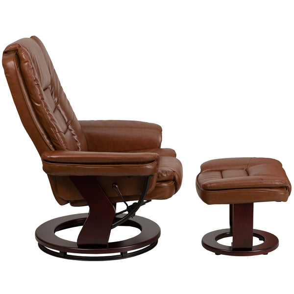 Brown Vintage |#| Brown Vintage LeatherSoft Multi-Position Recliner &Ottoman w/Mahogany Wood Base