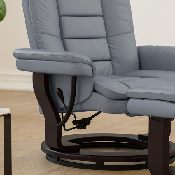 Gray |#| Gray LeatherSoft Multi-Position Recliner &Ottoman w/Swivel Mahogany Wood Base