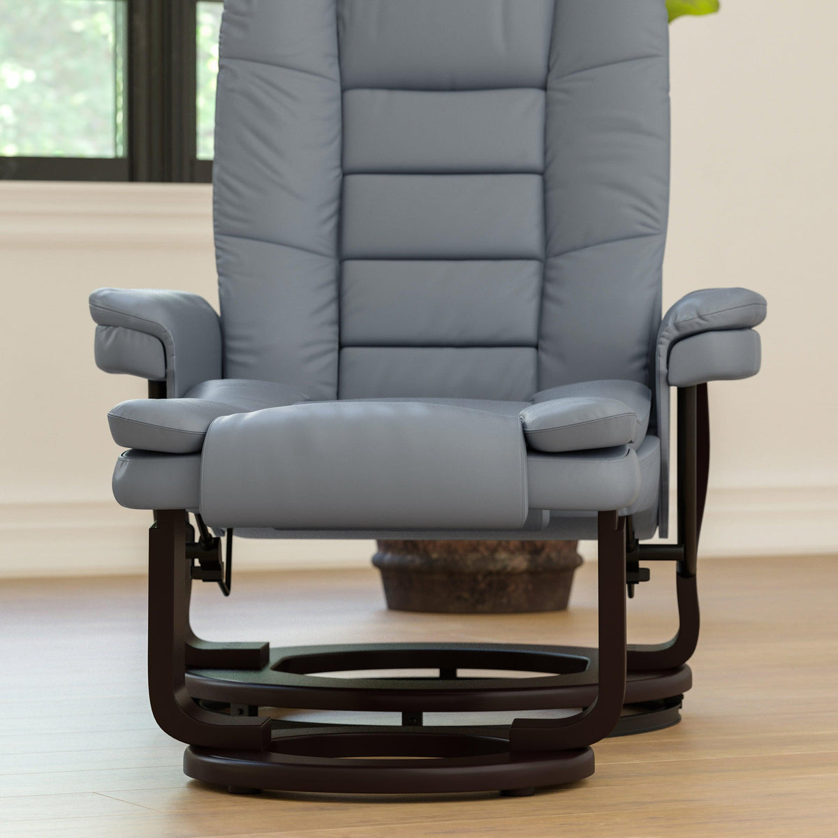 Gray |#| Gray LeatherSoft Multi-Position Recliner &Ottoman w/Swivel Mahogany Wood Base