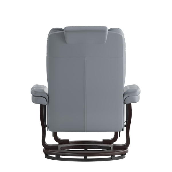 Gray |#| Gray LeatherSoft Multi-Position Recliner &Ottoman w/Swivel Mahogany Wood Base