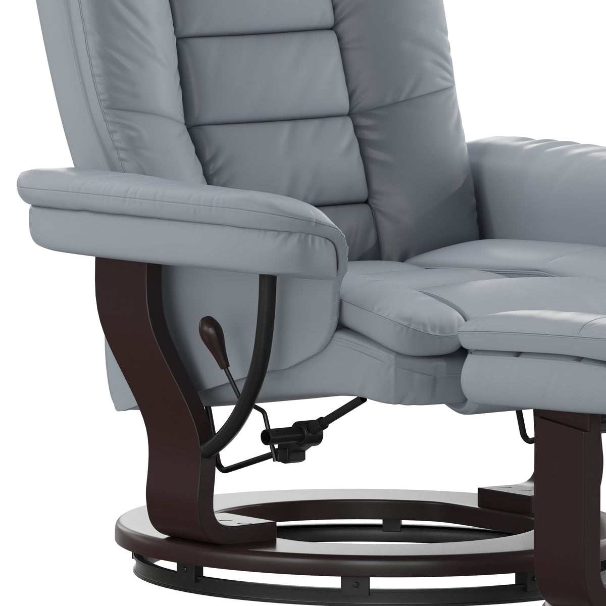 Gray |#| Gray LeatherSoft Multi-Position Recliner &Ottoman w/Swivel Mahogany Wood Base