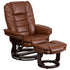 Contemporary LeatherSoft Recliner with Horizontal Stitching and Ottoman with Swiveling Mahogany Wood Base