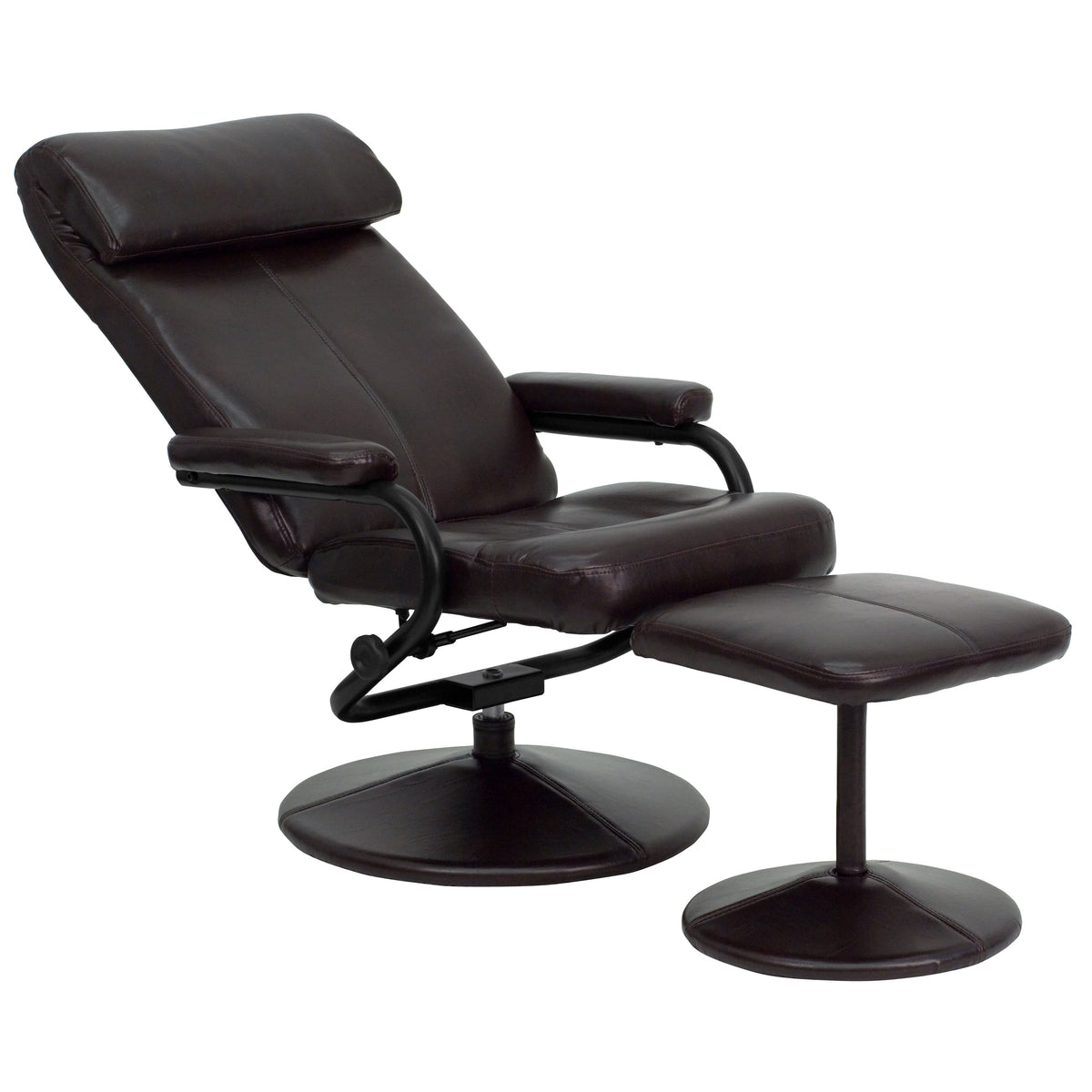 Brown |#| Multi-Position Headrest Recliner &Ottoman w/Wrapped Base in Brown LeatherSoft