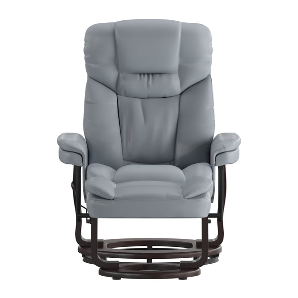 Gray |#| Gray LeatherSoft Multi-Position Recliner &Curved Ottoman w/Mahogany Wood Base