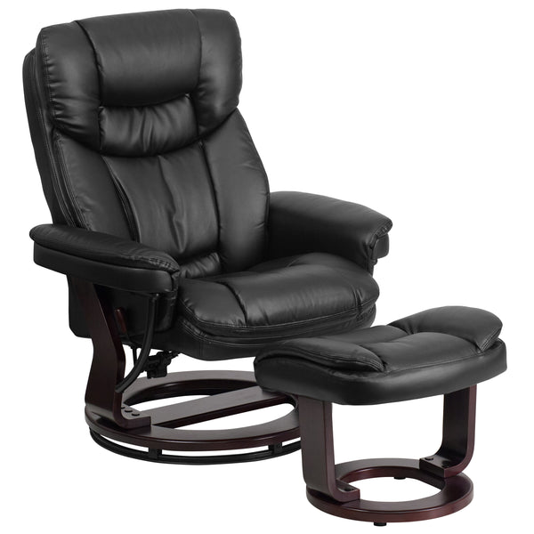 Black |#| Black LeatherSoft Multi-Position Recliner &Curved Ottoman w/Mahogany Wood Base