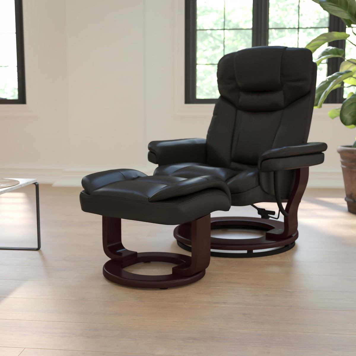Black |#| Black LeatherSoft Multi-Position Recliner &Curved Ottoman w/Mahogany Wood Base
