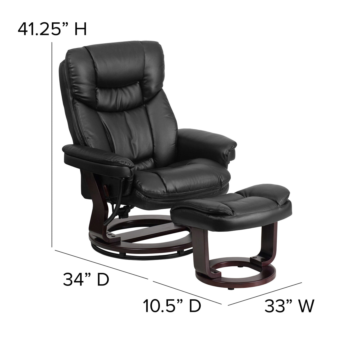 Black |#| Black LeatherSoft Multi-Position Recliner &Curved Ottoman w/Mahogany Wood Base