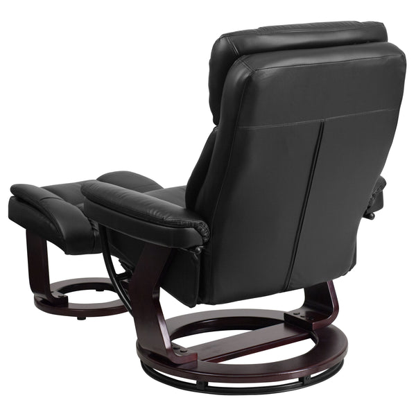 Black |#| Black LeatherSoft Multi-Position Recliner &Curved Ottoman w/Mahogany Wood Base