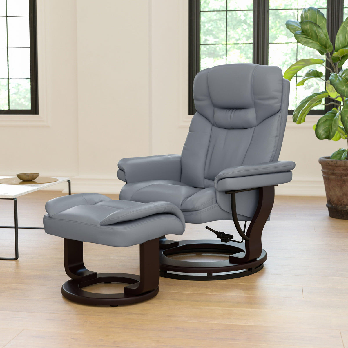 Gray |#| Gray LeatherSoft Multi-Position Recliner &Curved Ottoman w/Mahogany Wood Base