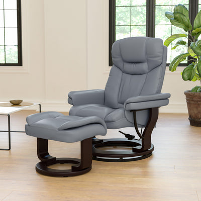 Contemporary Multi-Position Recliner and Curved Ottoman with Swivel Mahogany Wood Base