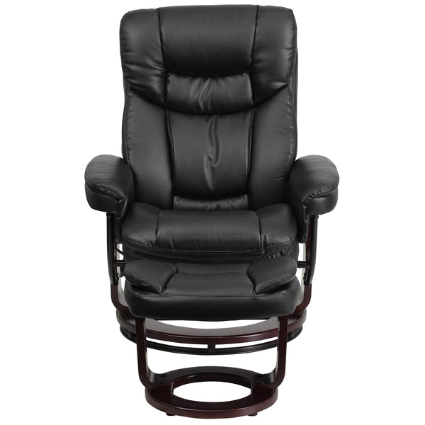 Black |#| Black LeatherSoft Multi-Position Recliner &Curved Ottoman w/Mahogany Wood Base
