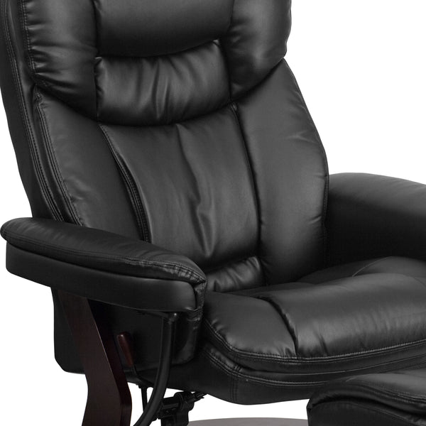 Black |#| Black LeatherSoft Multi-Position Recliner &Curved Ottoman w/Mahogany Wood Base