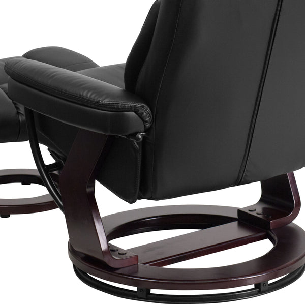 Black |#| Black LeatherSoft Multi-Position Recliner &Curved Ottoman w/Mahogany Wood Base