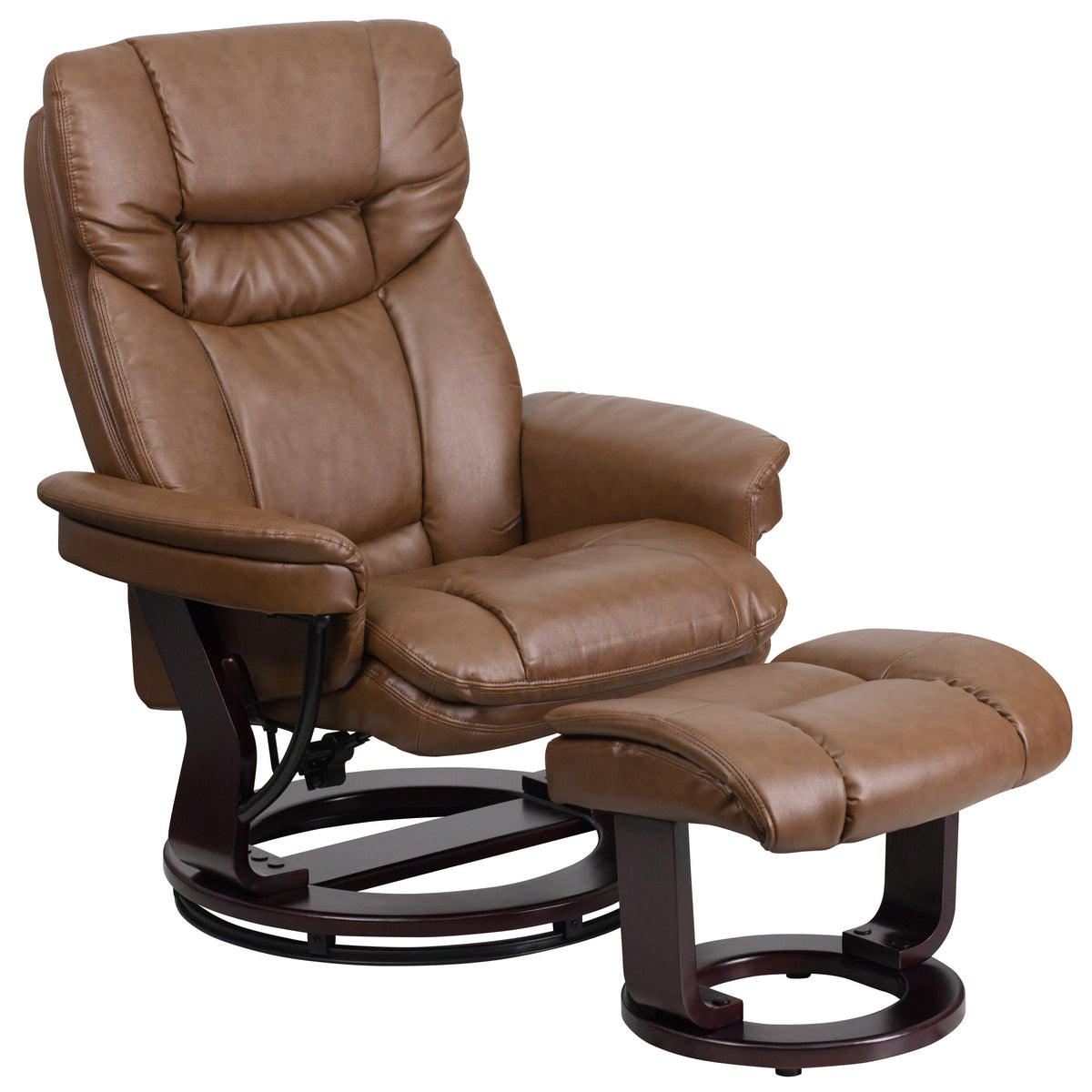 Palimino |#| Palimino LeatherSoft Multi-Position Recliner &Curved Ottoman w/Mahogany Base