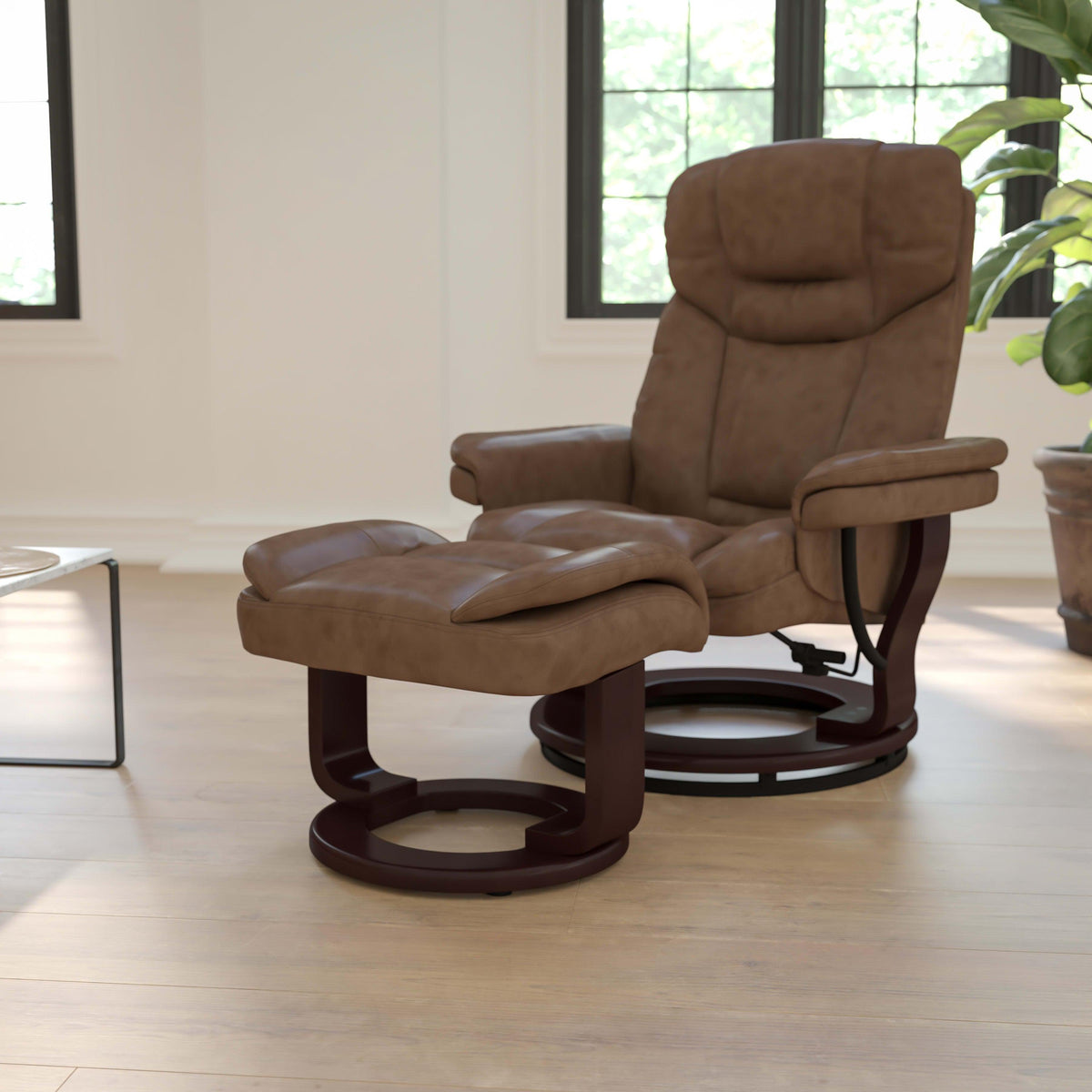 Palimino |#| Palimino LeatherSoft Multi-Position Recliner &Curved Ottoman w/Mahogany Base