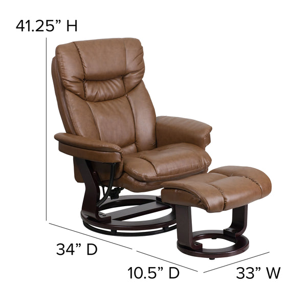 Palimino |#| Palimino LeatherSoft Multi-Position Recliner &Curved Ottoman w/Mahogany Base